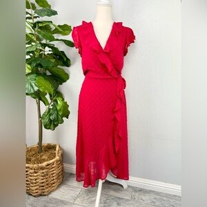 NWT Monteau Red Swiss Dot Textures Faux Wrap Ruffle Chiffon Midi Dress